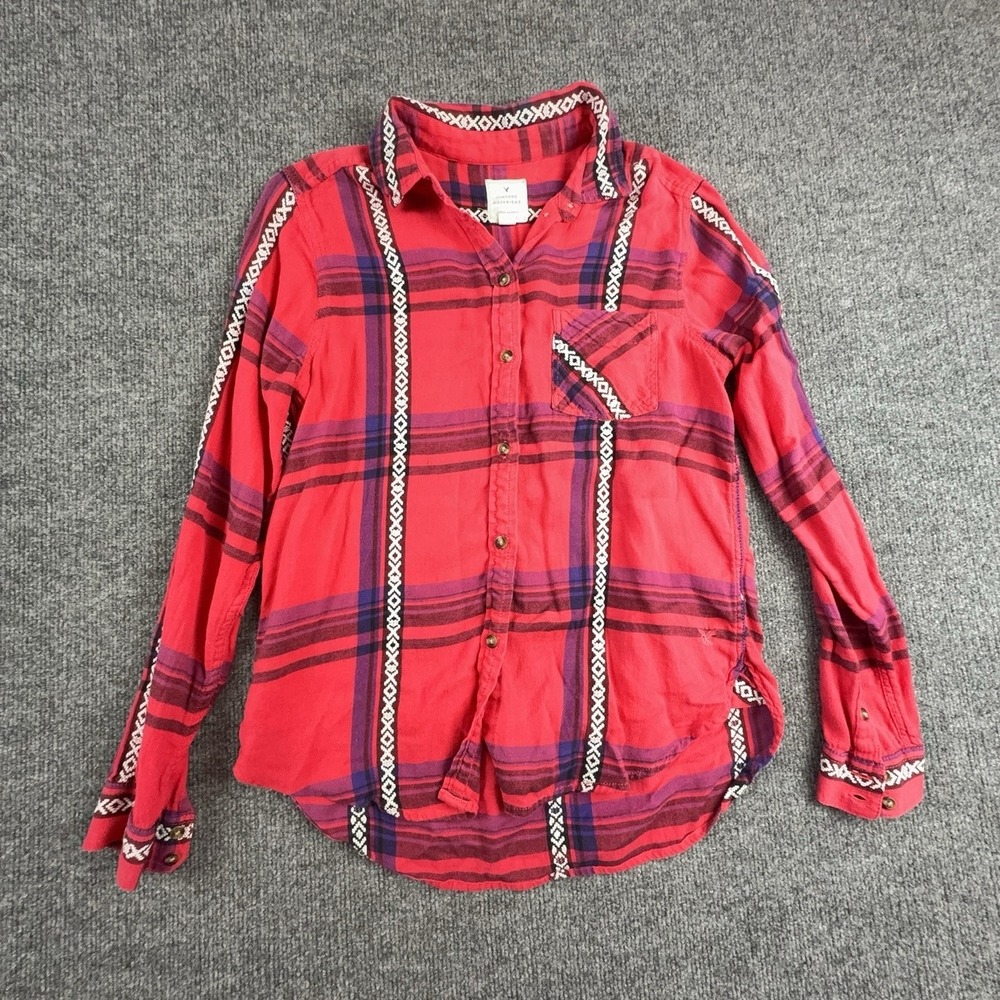 American Eagle Red Plaid Embroidered Vintage Boyfriend Button Up Shirt Small
